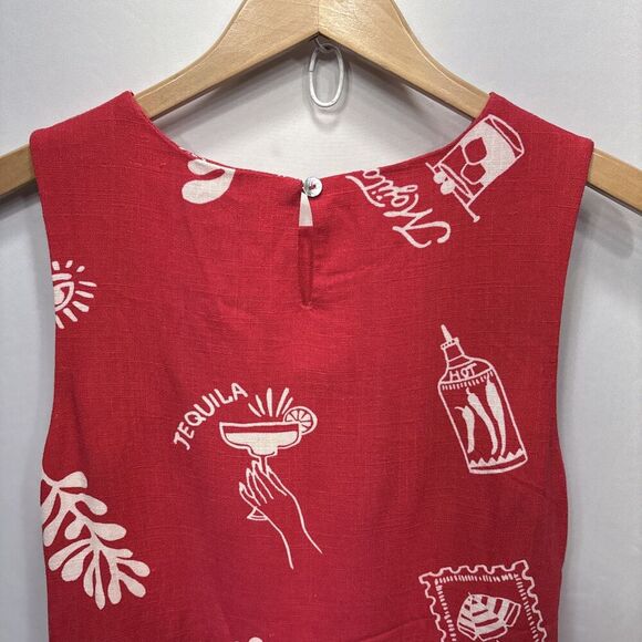Paper Heart Tequila Mini Spicy Red Linen Blend Dress XS Cocktail Print Pockets - Picture 6 of 12